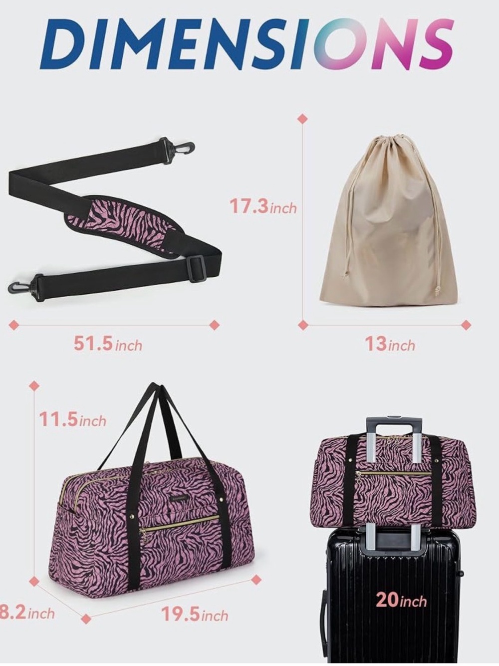 Pink Zebra-Print Travel Duffel Bag with Black Straps - Picture 6 of 7